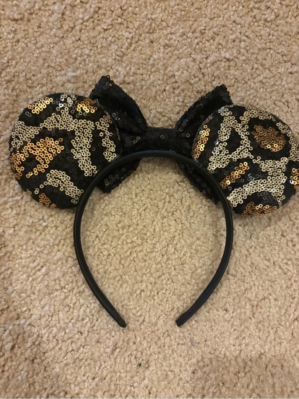 Black Sequin Leopard Minnie Ear Headband with Gold Accents
